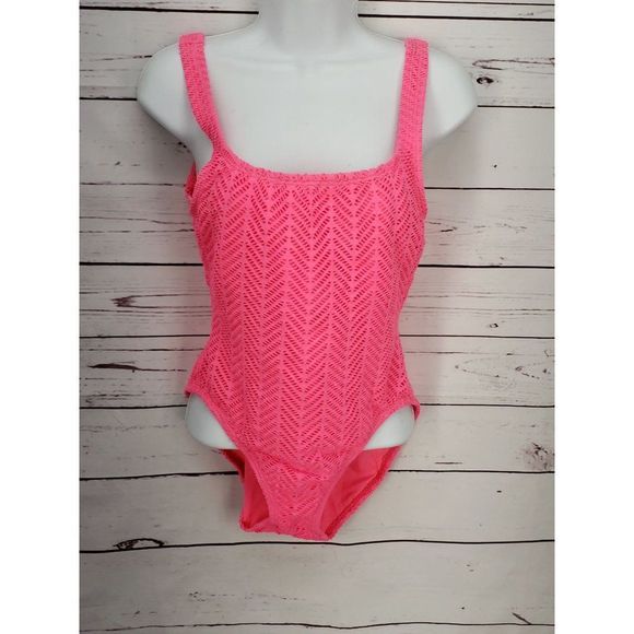 Catalina Vtg 90s Hot pink eyelet bathing suit Open Back sz 12 one piece swimsuit - Picture 10 of 11